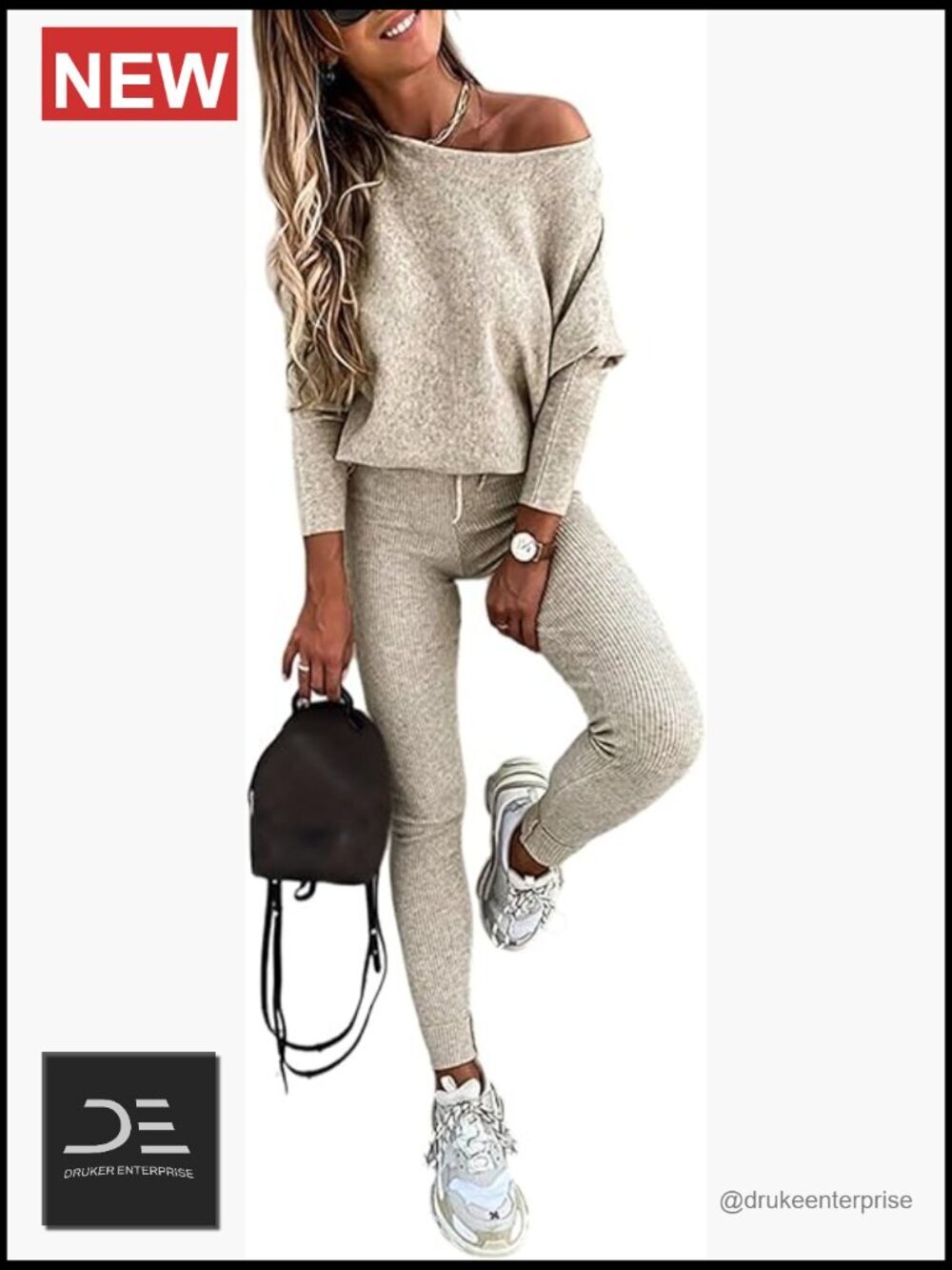 2 Piece Lounge Outfit Long Sleeve Knit Pullover Drawstring Pants Set